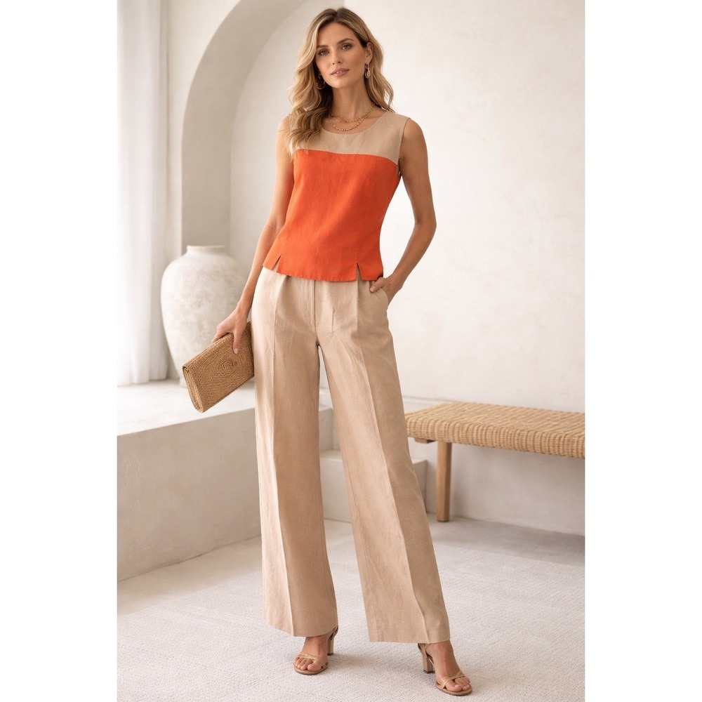 Lined Blend Pant Suit Womens Size 12 Linen Blend Colorblock 2pc Set Quiet Luxury